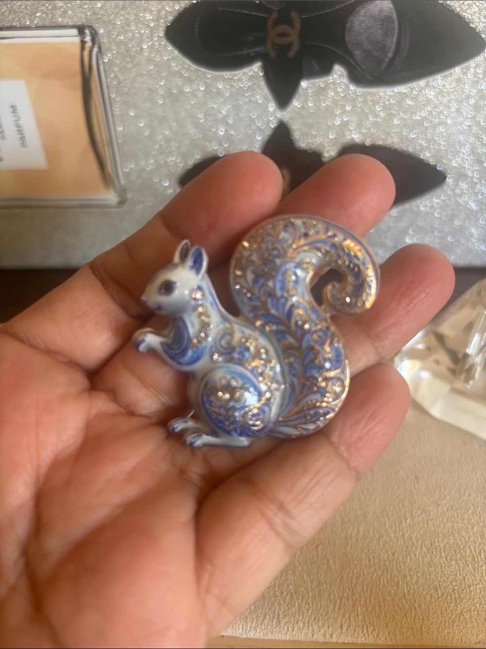 Blue and White Squirrel Brooch with Gold Accents